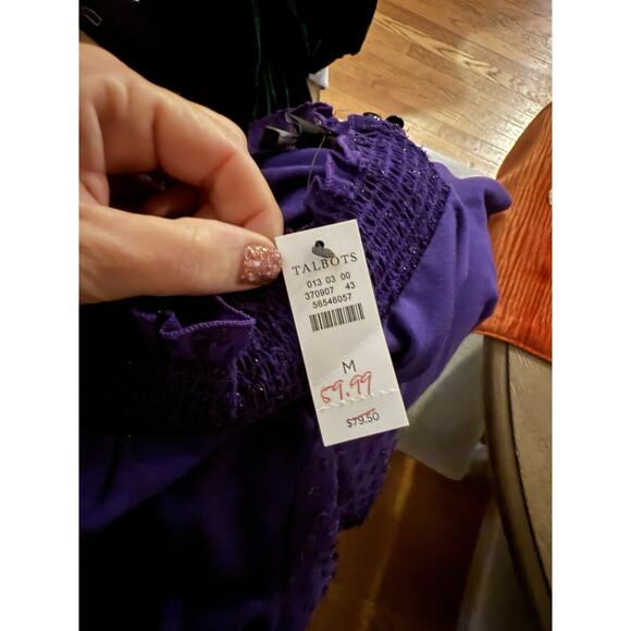 Talbots Purple WOVEN SLEEVE SMOCKED TOP Size Large Medium NWT - Picture 7 of 8